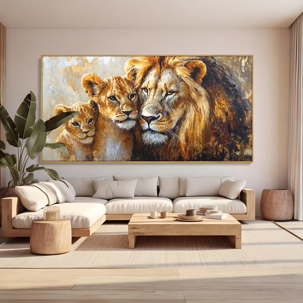 Tablou canvas cu tablou cu leu adult si doi pui, in rama de aluminiu auriu, pe perete intr-un living